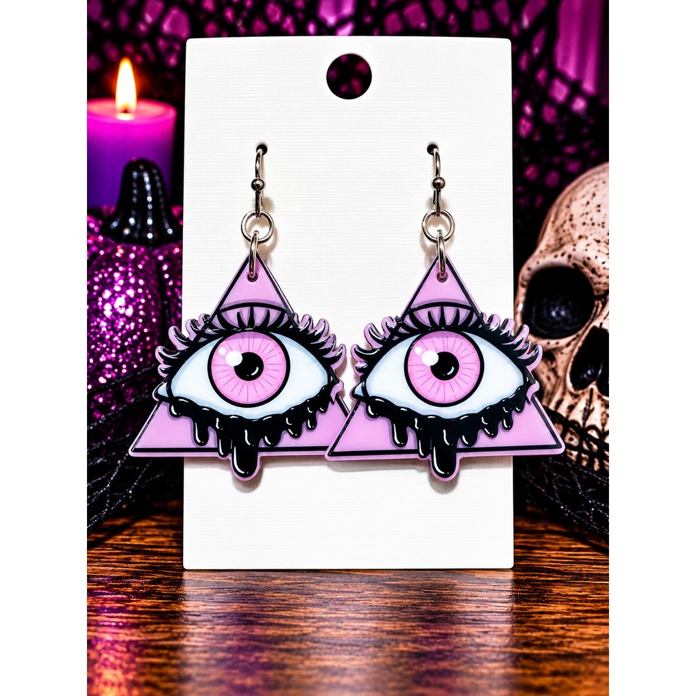 Pink All Seeing Eye Earrings Gothic Halloween Evil Eye Triangle Dangle Earrings